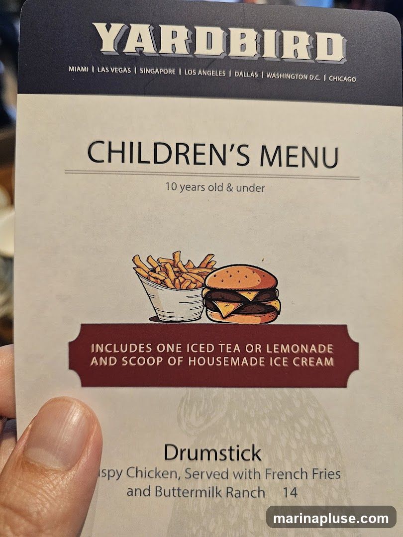 Menu for children 10 years old and under. Includes one iced tea or lemonade and a scoop of housemade ice cream.