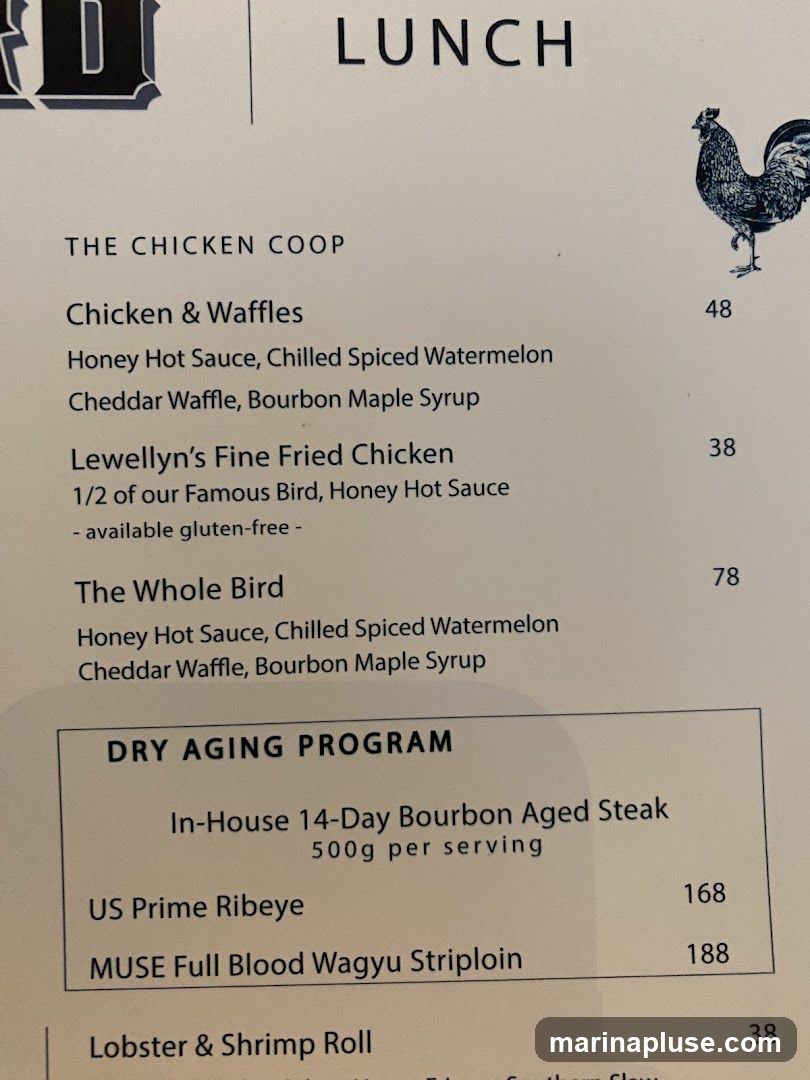 A lunch menu with sections for The Chicken Coop and Dry Aging Program. Features chicken dishes and steak options.