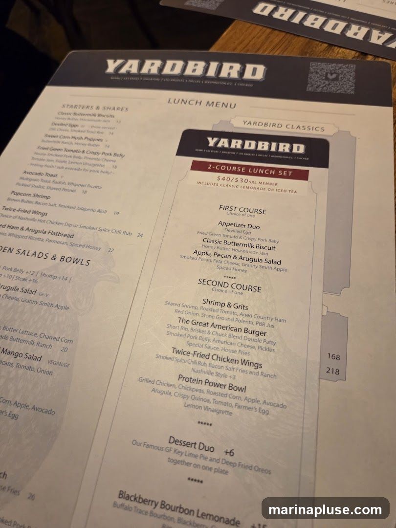 A lunch menu for Yardbird restaurant with starters, salads, bowls, and a 2-course lunch set.