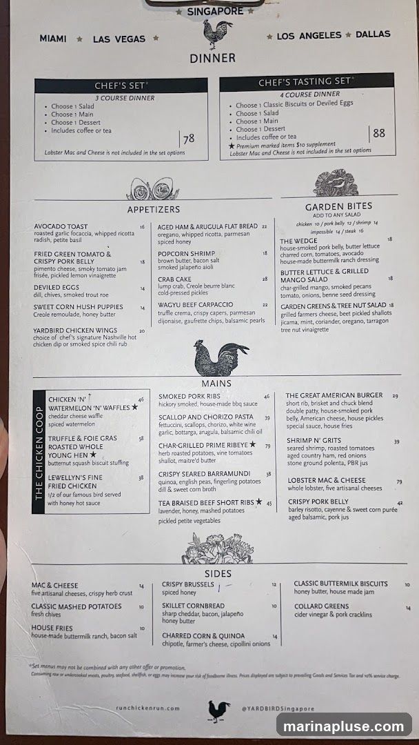Menu for Yardbird Singapore featuring dinner options including Chef's Sets, Appetizers, Garden Bites, Mains, and Sides.