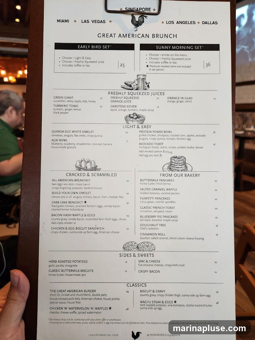 Menu for Great American Brunch with sections for Early Bird Set, Sunny Morning Set, Freshly Squeezed Juices, Light & Easy, Cracked & Scrambled, From Our Bakery, Sides & Sweets, and Classics.