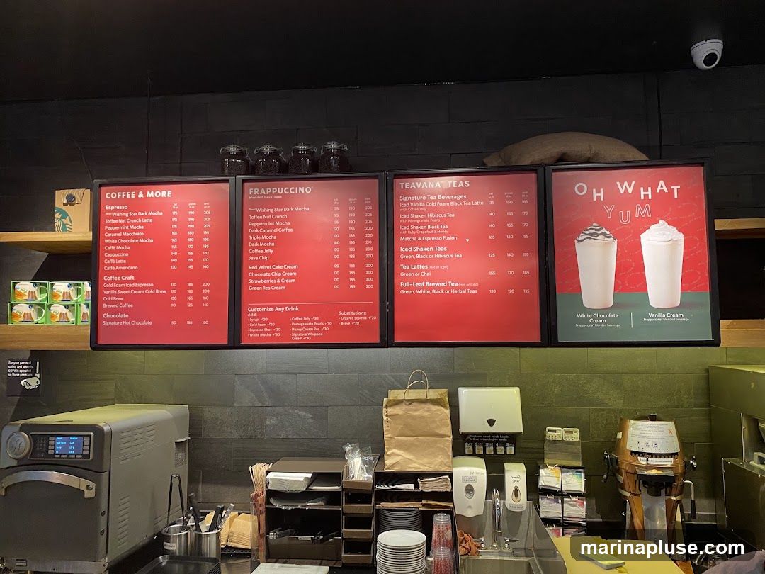A menu board displaying various coffee, Frappuccino, and tea beverages.