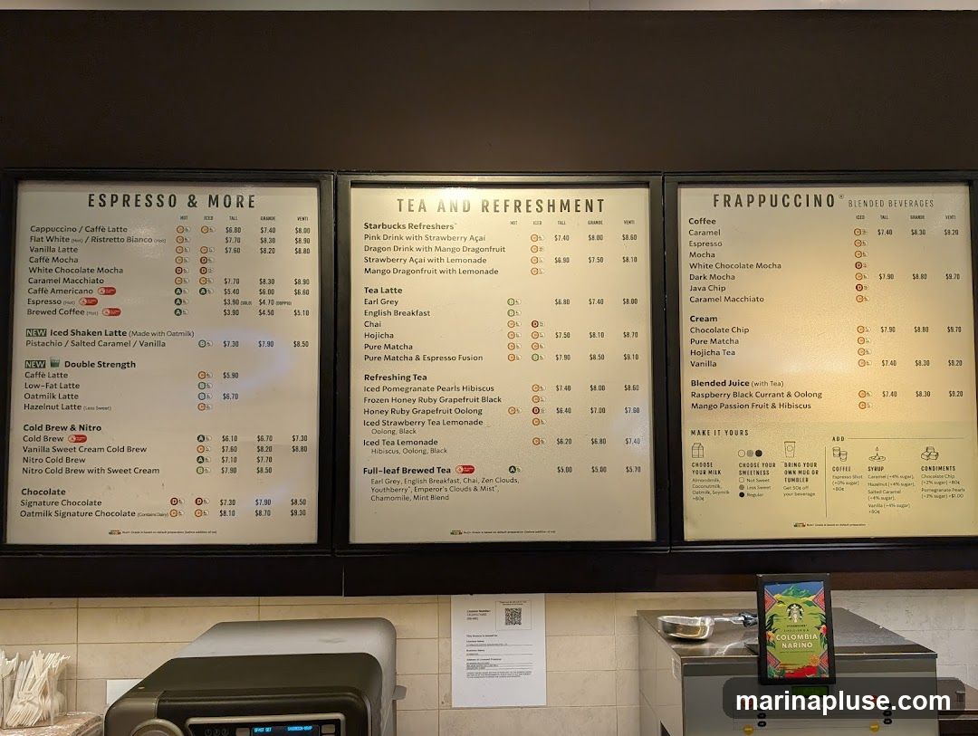 A menu board with three sections: Espresso & More, Tea and Refreshment, and Frappuccino Blended Beverages.