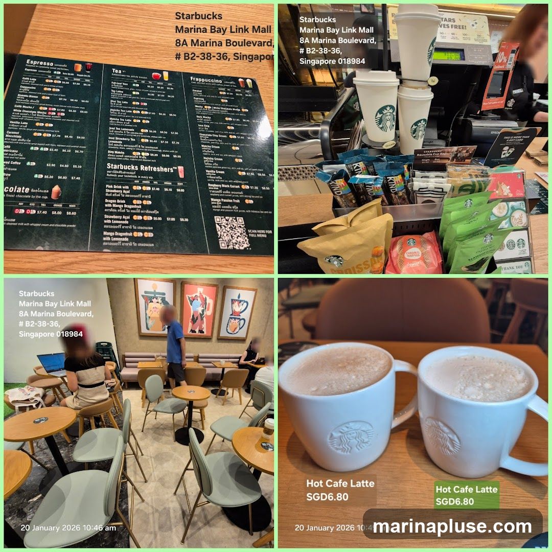 A collage of four images showing a Starbucks menu, the counter area, the interior seating, and two lattes.