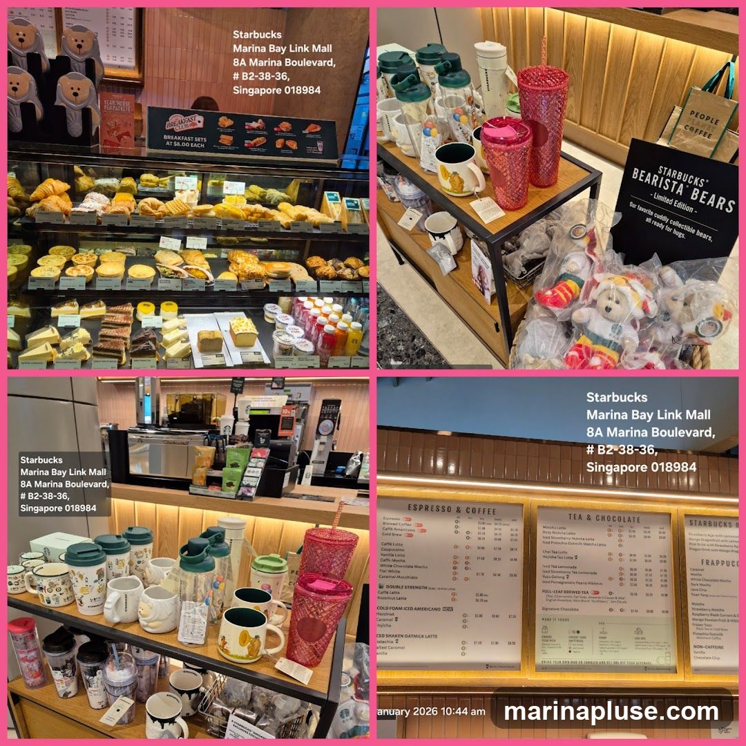 A collage of four images showing a Starbucks store. The top left shows a display of pastries and breakfast items. The top right shows merchandise including cups and plush bears. The bottom left shows the coffee counter and more merchandise. The bottom right shows a menu board with espresso, coffee, tea, chocolate, and Frappuccino options.