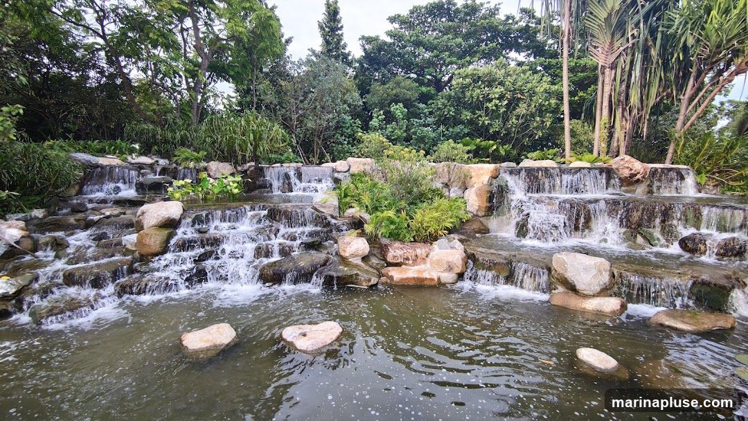 A scenic view of a multi-tiered waterfall cascading over rocks into a calm pool of water. The surrounding area is filled with dense, vibrant green foliage, including trees and various plants, creating a natural and serene atmosphere.