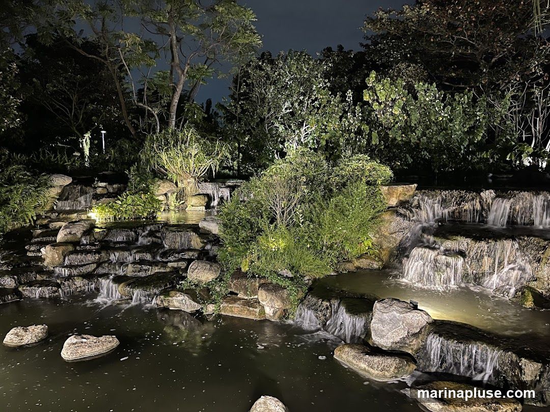 A serene garden scene at night, featuring a multi-tiered rock waterfall cascading into a dark pool. Lush greenery and trees surround the water feature, illuminated by soft, warm spotlights, creating a tranquil and atmospheric ambiance.