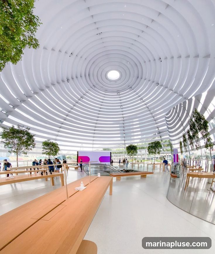 An expansive, modern interior with a domed ceiling featuring concentric white panels and a central skylight. Wooden display tables are arranged throughout the space, showcasing products. Trees are visible both inside and outside through large glass windows. People are browsing the store, and an escalator is present in the background. A large digital screen displays abstract colorful graphics.