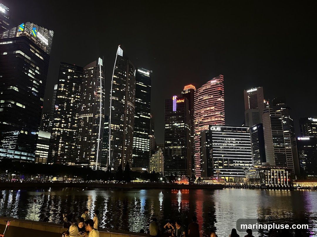 A nighttime view of a modern cityscape featuring numerous tall skyscrapers with their windows illuminated. The buildings are reflected in the dark water in the foreground, where a group of people are seated along the waterfront. The sky is dark, highlighting the bright lights of the city.