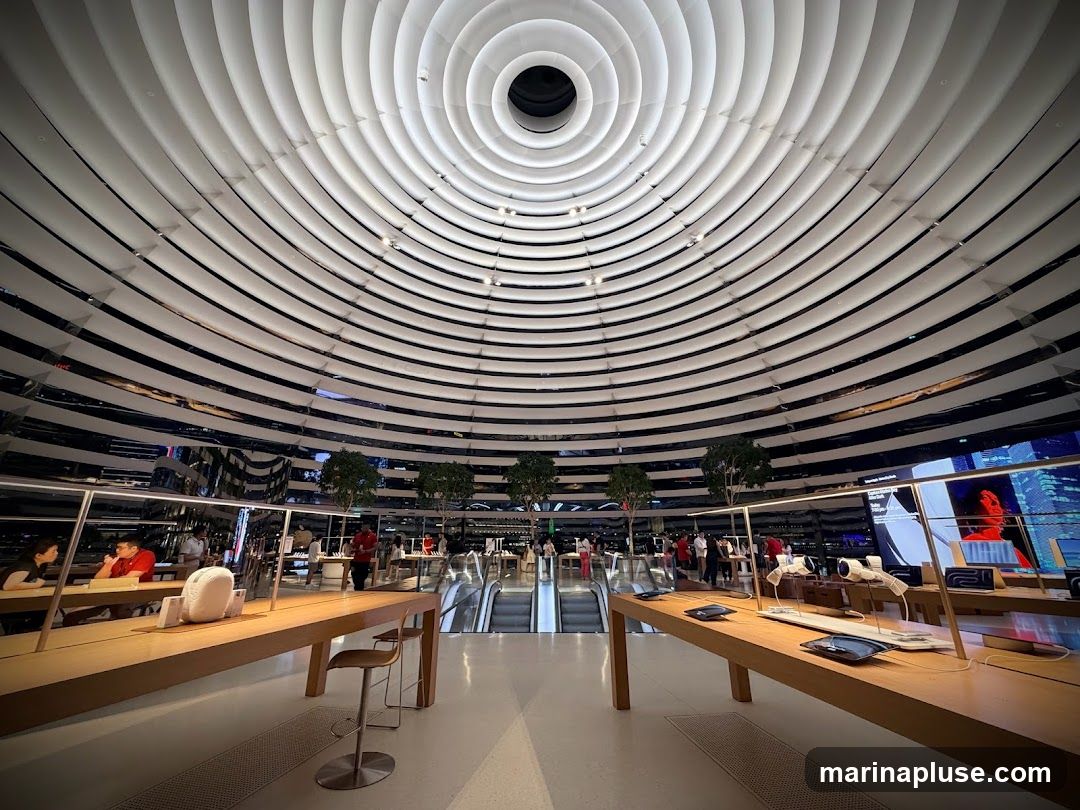 The image shows the interior of a modern retail store, likely an electronics store, with a striking circular, ribbed ceiling that converges at a central opening. Long, wooden display tables are arranged throughout the space, showcasing various products. People are seen browsing and interacting with displays. Escalators are visible in the background, suggesting multiple levels. The overall ambiance is bright, spacious, and contemporary.