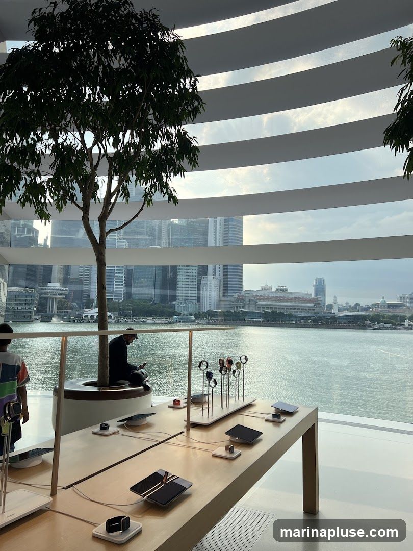 An interior view of a modern store, possibly an electronics retailer, with a large window overlooking a body of water and a cityscape. Inside, a tree is planted in a circular planter. Display tables showcase various electronic devices, including what appear to be smartwatches and tablets. A person is seated on a bench near the tree, looking at their phone. The architecture features curved, layered ceiling elements that create a unique aesthetic.