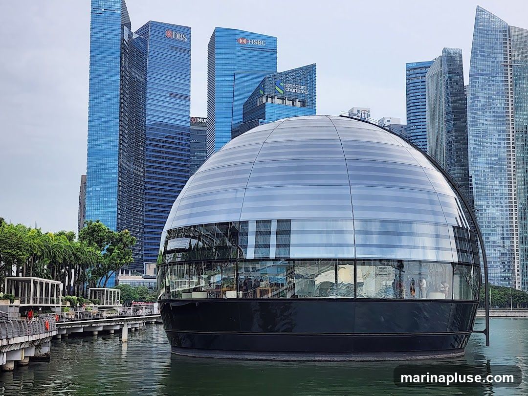 A striking, modern glass dome-shaped building sits on the water, reflecting the surrounding skyscrapers. The building has a dark base and a reflective, segmented glass exterior. Inside, people can be seen through the windows. In the background, several tall, modern office buildings rise into the sky, including those with visible signage for DBS and HSBC. To the left, a waterfront promenade with palm trees and people walking is visible. The water in the foreground is calm and reflects the overcast sky.