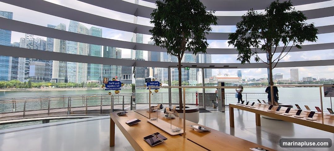 An interior view of a modern electronics store, featuring display tables with various devices such as phones and tablets. Two artificial trees are placed inside the store, and large windows offer a panoramic view of a city skyline across a body of water. Several people are visible, some browsing the products and one taking a photo. Signs with text are visible on the windows and a stand.