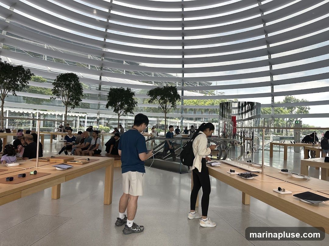 The image shows the interior of a spacious, modern store with a curved, slatted ceiling. Several people are browsing display tables showcasing electronic devices, likely phones and watches. Trees are visible through the large glass windows, suggesting an outdoor view. The overall atmosphere is bright and airy, with customers interacting with products and staff.