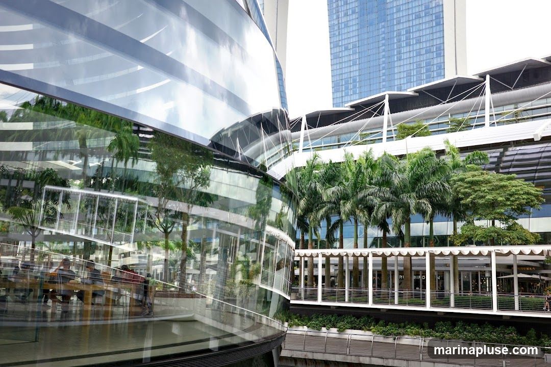 A contemporary building with a curved glass facade reflects the surrounding environment, including palm trees and other structures. In the background, a tall, blue-tinted skyscraper stands against a bright sky. Below the skyscraper, a multi-level structure with white columns and awnings is visible, lined with lush greenery. The reflection in the glass shows an interior space with tables and people seated, suggesting a cafe or restaurant.