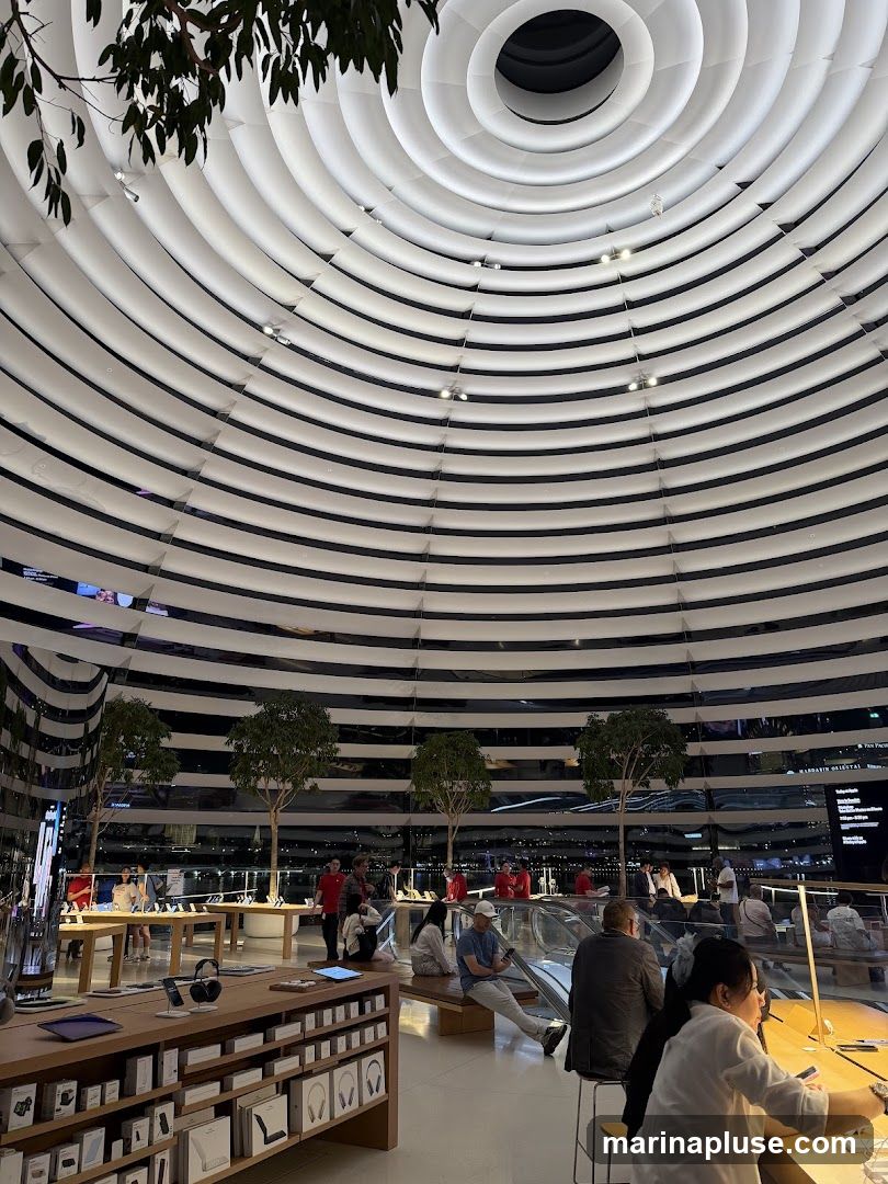 An interior view of a modern retail store with a distinctive domed ceiling featuring concentric white rings. The space is well-lit and features display tables with electronic products, including headphones and tablets. Several trees are placed throughout the store, adding a touch of nature. Customers are seen browsing and interacting with displays, while staff members in red shirts are also visible. The background shows a panoramic view through large windows, suggesting the store is located in a city with a waterfront.