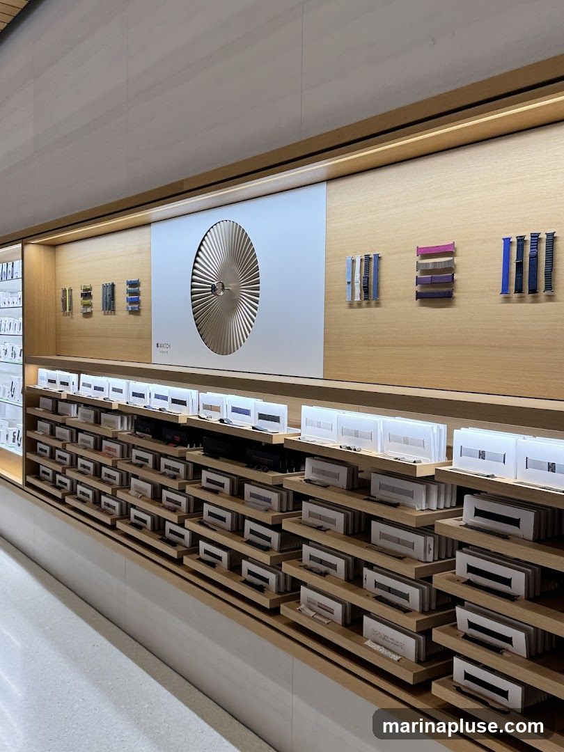 A wall display featuring numerous Apple Watch bands in various colors and styles. The bands are neatly arranged on shelves, with some displayed individually and others in packaging. A large, circular metallic art piece is mounted on the wall above the display, with the Apple Watch logo visible below it.