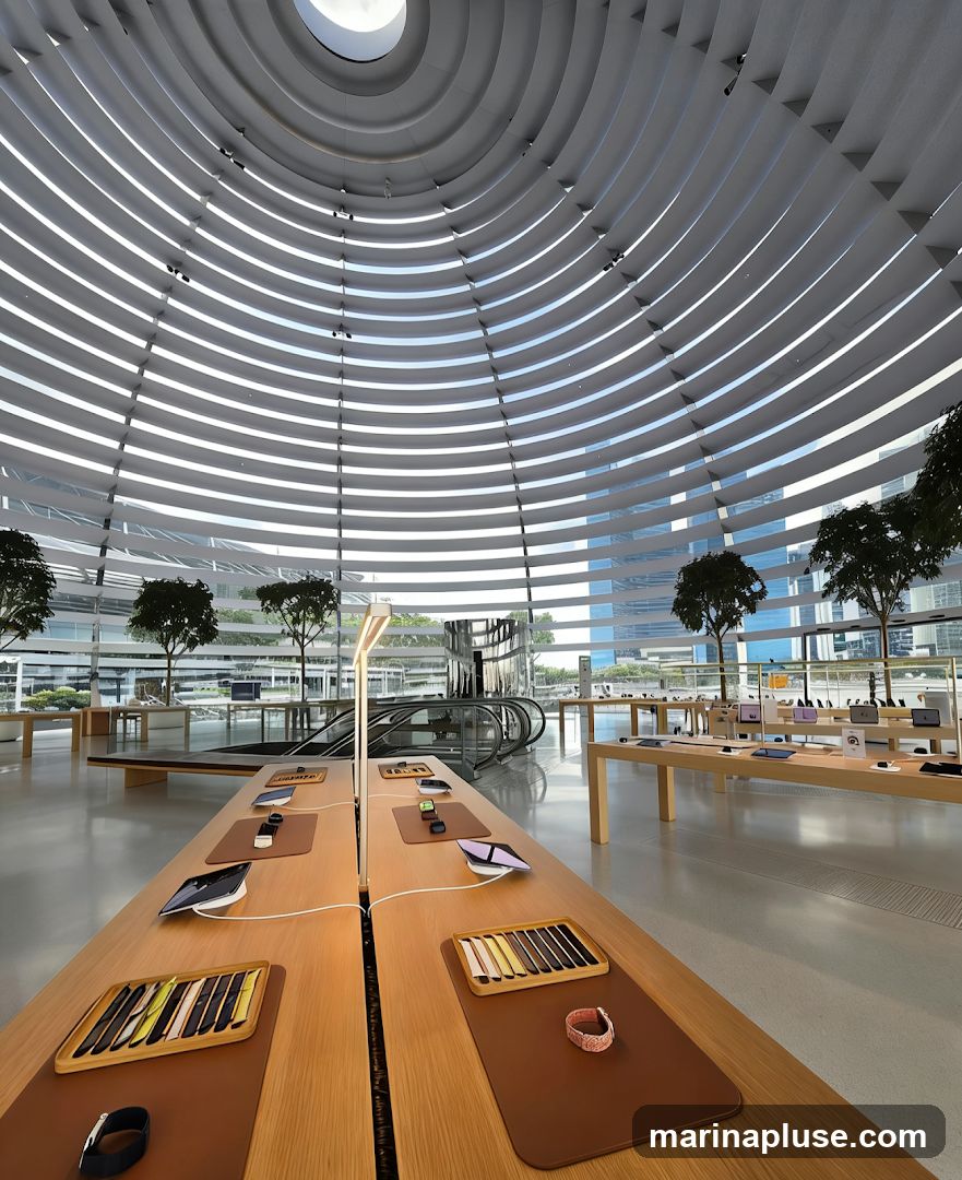 The interior of a spacious, modern electronics store with a distinctive domed ceiling made of white louvers. Wooden display tables are arranged throughout the store, showcasing various electronic devices and accessories, including smartwatches and watch bands. Trees are placed strategically within the store, adding a touch of nature. In the background, escalators are visible, and large windows offer a view of the surrounding urban landscape with tall buildings.