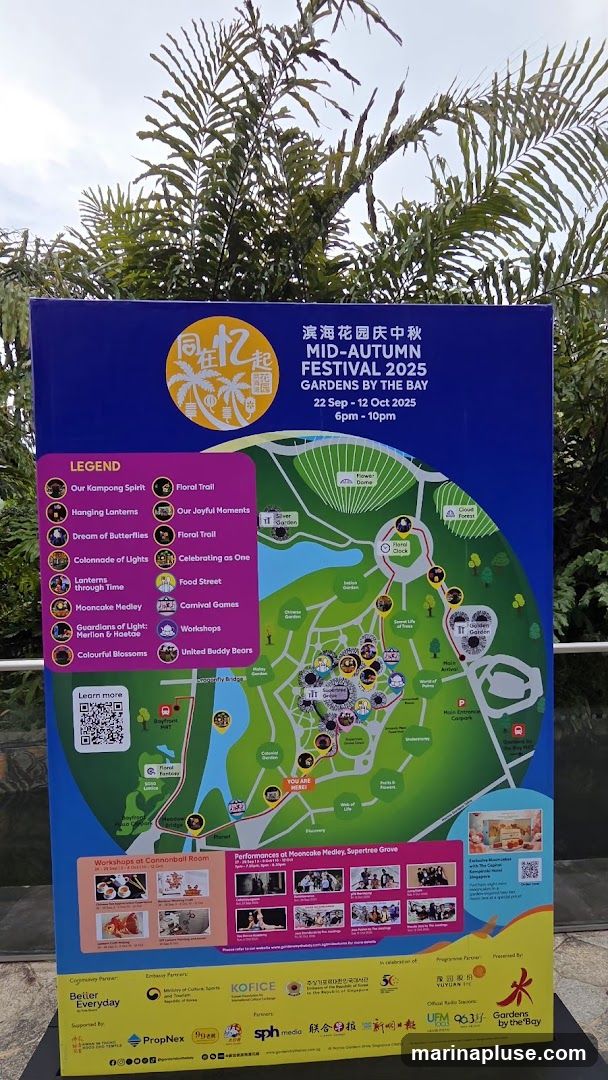 A map of Gardens by the Bay for the Mid-Autumn Festival 2025, detailing various attractions, performances, and workshops. The map includes a legend with activities such as 'Our Kampong Spirit', 'Hanging Lanterns', 'Dream of Butterflies', 'Colonnade of Lights', 'Lanterns through Time', 'Mooncake Medley', 'Guardians of Light', 'Colourful Blossoms', 'Floral Trail', 'Our Joyful Moments', 'Celebrating as One', 'Food Street', 'Carnival Games', 'Workshops', and 'United Buddy Bears'. It also shows performance schedules and workshop details.