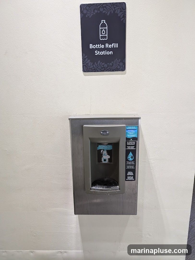 A sign above a metal bottle refill station indicates its purpose. The station has a sensor for automatic filling and instructions for use.