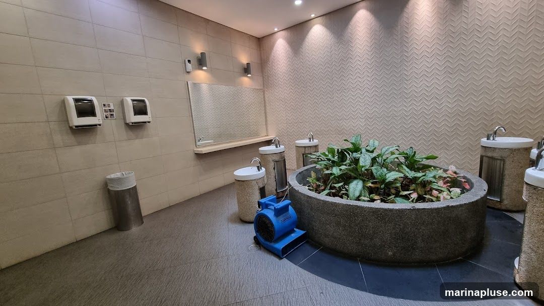 The image shows the interior of a modern restroom. There are several sinks with faucets, a large mirror above a shelf, and two paper towel dispensers mounted on a tiled wall. A trash can is visible near the dispensers. In the center of the room, there is a circular planter filled with lush green plants. A blue industrial fan is placed on the floor near the planter, likely for drying purposes. The walls are tiled with a textured pattern in some areas.