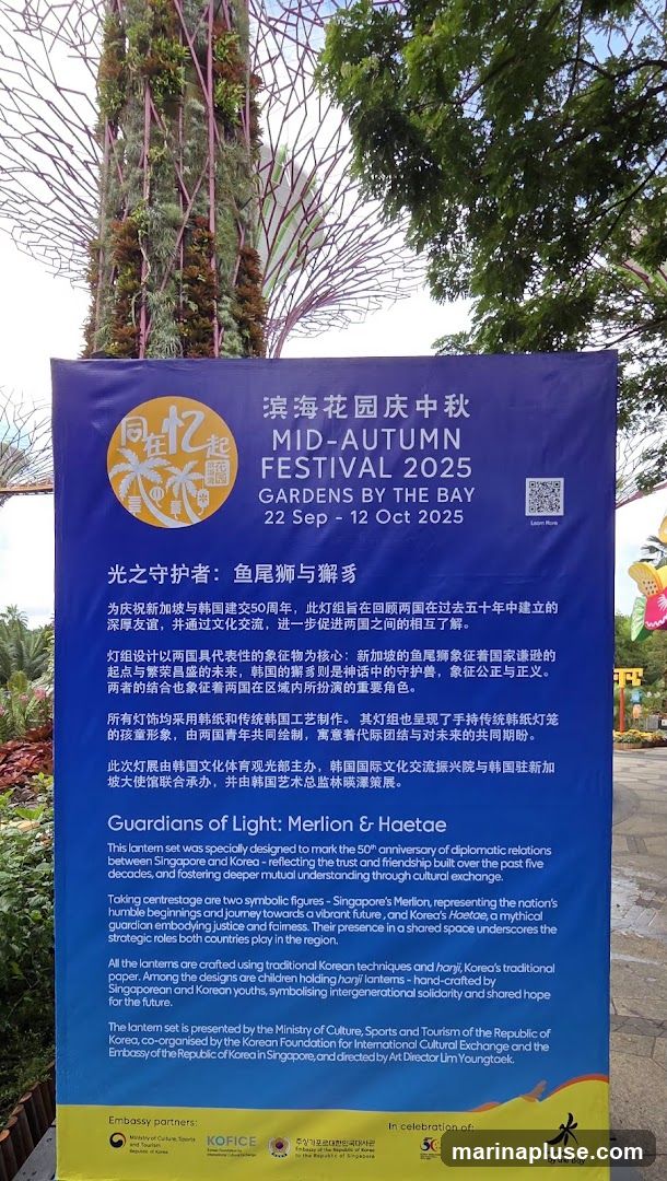 A large banner displays information about the 'Guardians of Light: Merlion & Haetae' lantern set for the Mid-Autumn Festival 2025 at Gardens by the Bay. The banner includes text in Chinese and English, detailing the significance of the lantern set, which commemorates the 50th anniversary of diplomatic relations between Singapore and Korea. It explains the symbolism of the Merlion and Haetae figures and mentions that the lanterns are crafted using traditional Korean techniques. The bottom of the banner shows logos of partner organizations and the Gardens by the Bay logo.