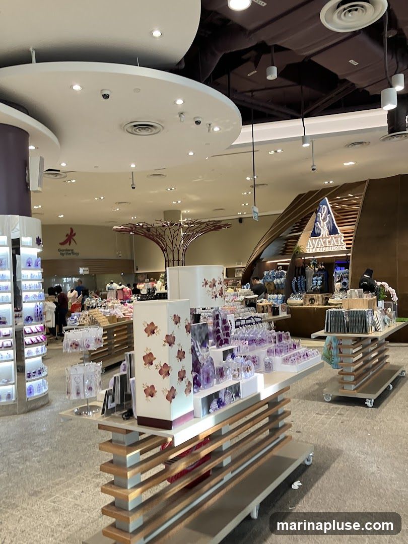 The interior of a retail store with various merchandise displayed on shelves and stands. In the background, a prominent sign reads "AVATAR THE EXPERIENCE". The store appears to sell souvenirs and gifts, with items like jewelry, decorative objects, and books visible. The overall ambiance is bright and modern, with a focus on product display.