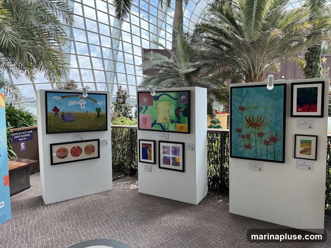An art exhibition is displayed within a large conservatory, likely a botanical garden, with a glass ceiling and lush palm trees. Several framed artworks are showcased on white display stands. The paintings feature a variety of subjects, including a whimsical scene with a rabbit and snail under a rainbow, abstract designs, and floral motifs like red spider lilies. Informational cards with QR codes are placed below each artwork. A sign on the left reads "PLEASE DO NOT CLIMB ONTO PLANTERS THANK YOU".