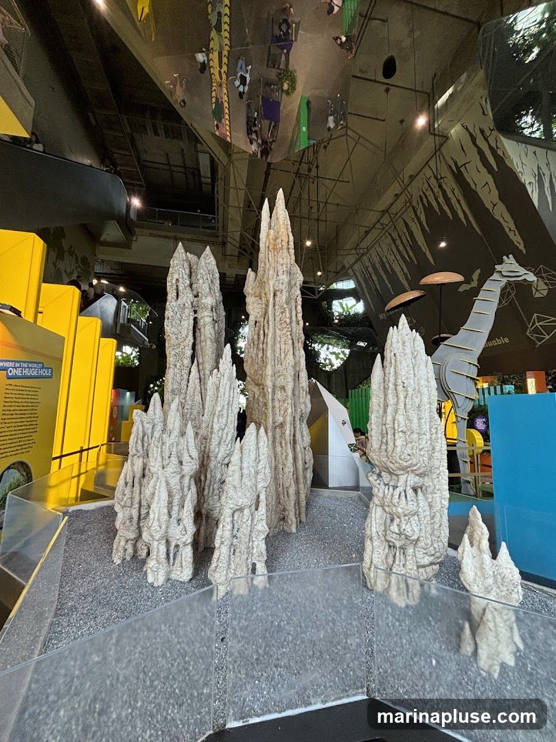 A museum exhibit featuring tall, textured, stalagmite-like formations in the center, surrounded by gravel and glass barriers. In the background, there are yellow and blue walls, a large graphic of a mountain range, and a stylized giraffe structure. The ceiling reflects people and the exhibit space above.