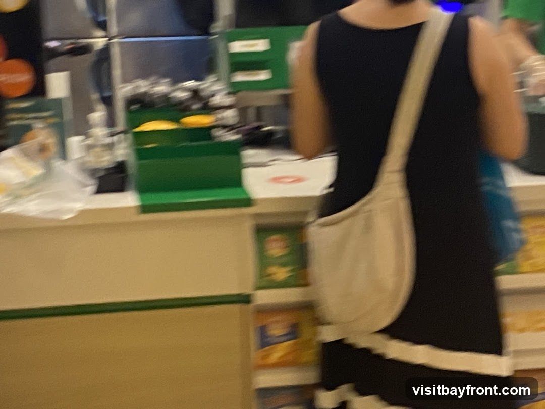 A person in a black dress with a white bag slung over their shoulder stands at a counter. Behind the counter, there are various food items and containers, including yellow circular items in a green holder. Shelves with packaged goods are visible in the background.