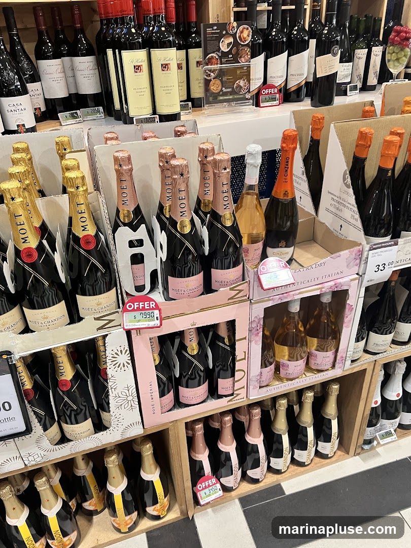 A retail display featuring a variety of wine and champagne bottles, primarily Moët & Chandon. The bottles are arranged in cardboard packaging and on shelves. Several price tags and "OFFER" signs are visible.