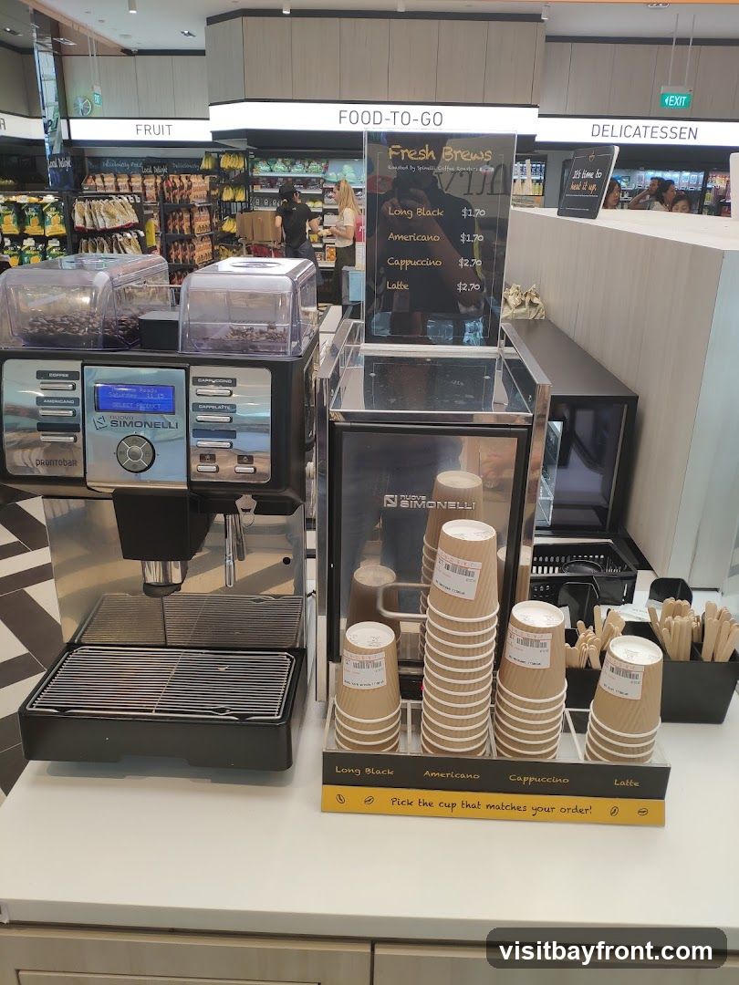 A coffee machine with various cups and a menu board displaying coffee options and prices. The background shows a store with shelves stocked with food items.