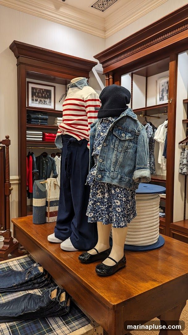 Two mannequins are displayed on a wooden table in a clothing store. The mannequin on the left is wearing a red and white striped long-sleeved shirt, dark blue wide-leg pants, and white sneakers. The mannequin on the right is wearing a blue floral print dress, a denim jacket, and black ballet flats. Behind the mannequins, shelves are stocked with folded clothing and hanging garments. A large spool of white rope is visible behind the right mannequin. The store has wooden shelving and a striped wallpaper.