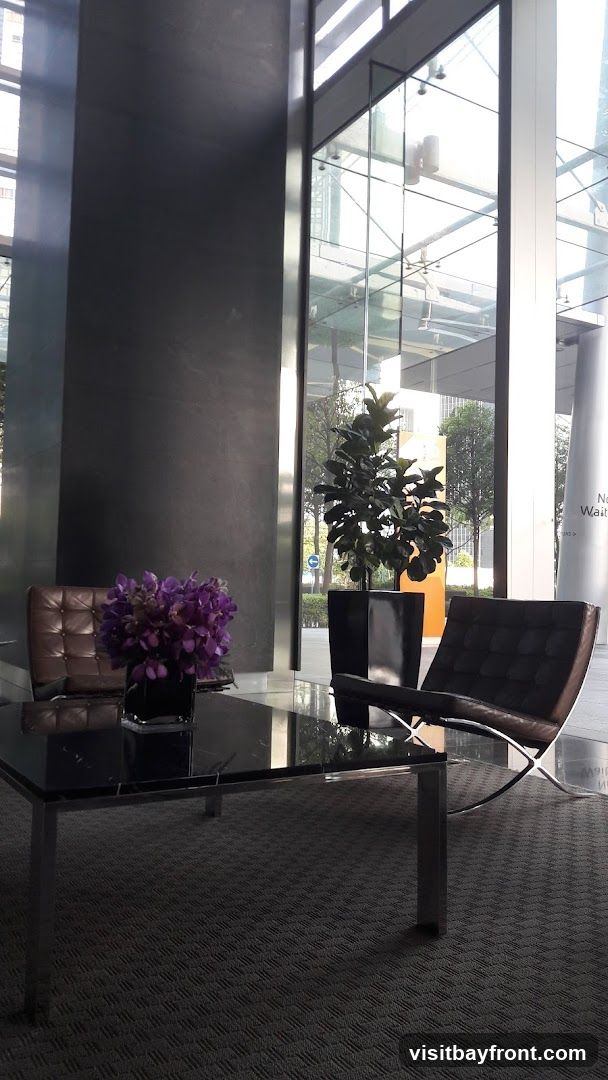 A contemporary lobby seating area features two brown leather chairs and a black marble coffee table with a vase of purple flowers. A large potted plant stands in a black planter to the right. The space is illuminated by natural light from large windows, revealing an urban outdoor view.