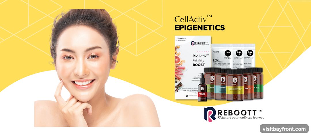A woman's face is on the left side of the image, smiling and looking towards the viewer. The right side of the image displays various Reboot products, including bottles of supplements labeled 'Leanse &', 'Guard', 'Neuro-Support', 'A Boost', and 'Activate'. There is also a product labeled 'BioActiv Vitality BOOST' and several packets labeled 'Day 1', 'Day 2', and 'Day 3'. The Reboot logo and tagline 'Kickstart your wellness journey' are visible at the bottom. The background is yellow with geometric patterns.