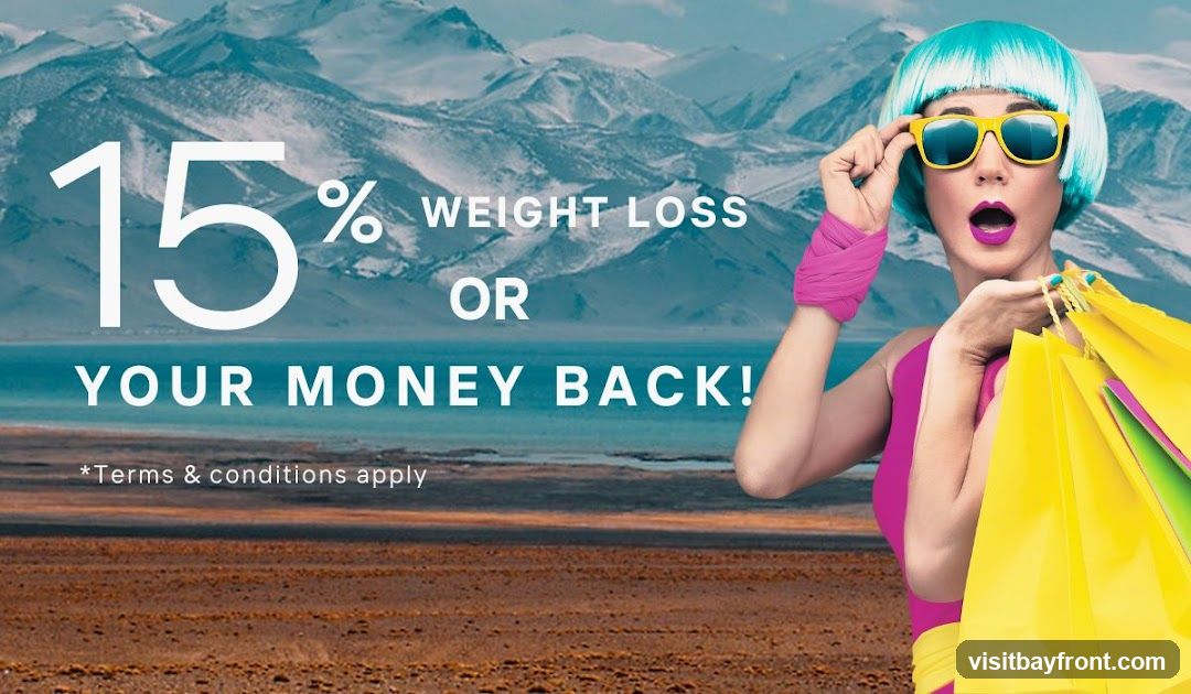A woman with bright blue hair and yellow sunglasses holds several shopping bags. She is wearing a pink outfit. Text on the image reads "15% WEIGHT LOSS OR YOUR MONEY BACK!" and "*Terms & conditions apply". The background features a scenic view of mountains and a body of water.