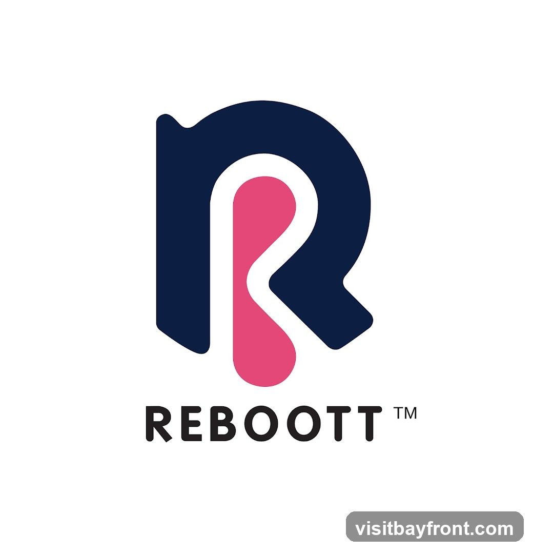 A logo with the letter R in dark blue and pink, with the word REBOOTT below it.