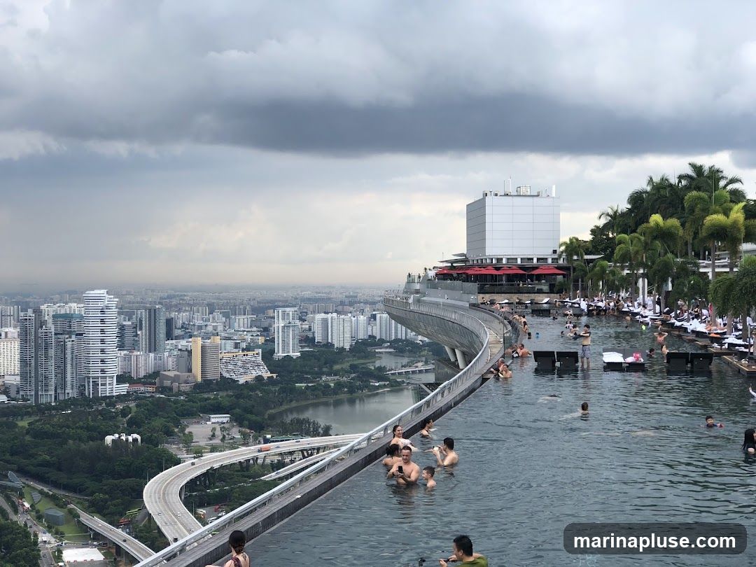 An infinity pool filled with people is situated on a rooftop, offering a panoramic view of a sprawling city under a cloudy sky. Palm trees line the edge of the pool area, and lounge chairs are visible. In the distance, numerous skyscrapers and buildings form the urban landscape, with a complex network of roads and a body of water also visible.