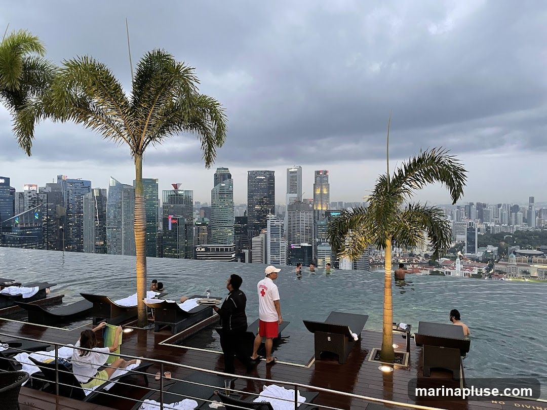 An infinity pool overlooks a sprawling cityscape under a cloudy sky. Palm trees frame the view, and lounge chairs are set up on the wooden deck. Several people are relaxing by the pool, with some swimming and others lounging on the chairs. A staff member in a red and white uniform is visible near the edge of the pool.