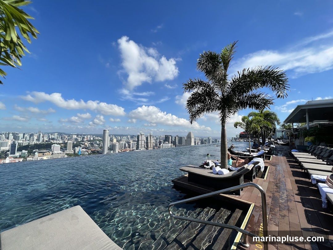 An infinity pool on a rooftop overlooks a sprawling cityscape under a bright blue sky with scattered clouds. Palm trees and lounge chairs line the wooden deck beside the pool, where several people are relaxing.