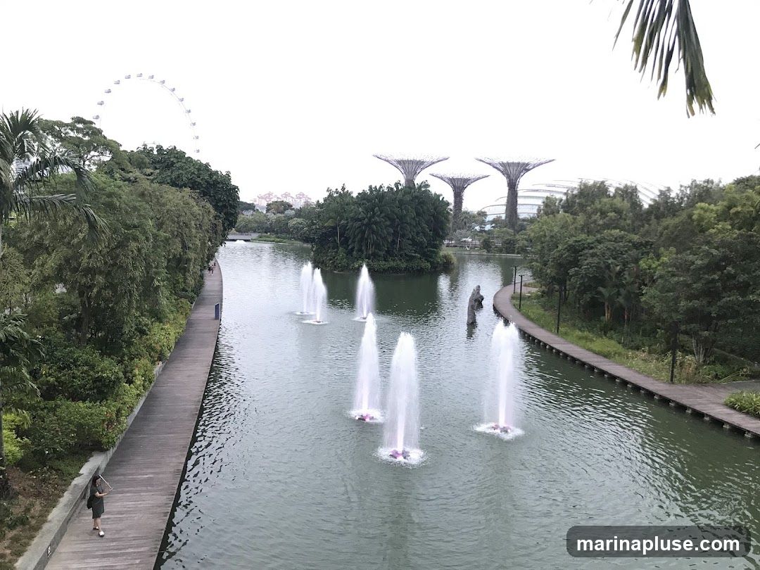 A scenic view of a waterfront area with fountains in the water. A wooden boardwalk runs along the left side of the water, with lush greenery and trees. In the background, the iconic Supertree Grove structures and a Ferris wheel are visible. A lone person walks on the boardwalk.