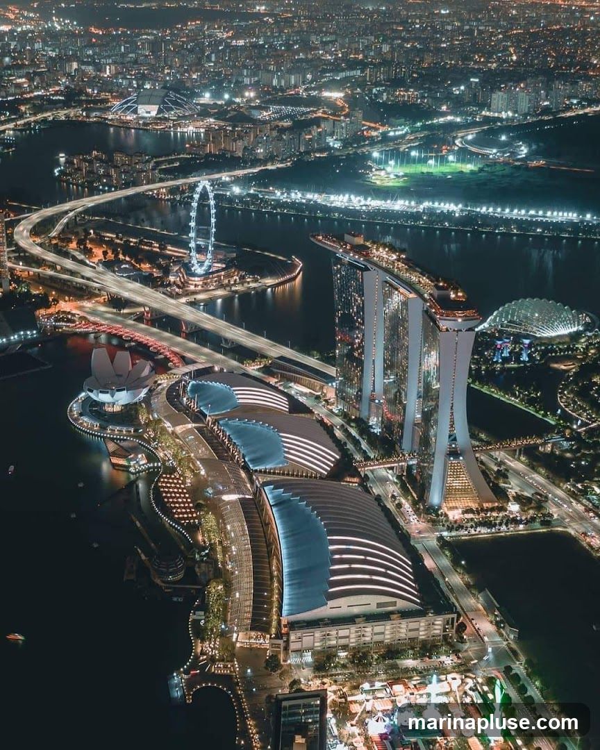 An aerial nighttime view of a sprawling cityscape, featuring illuminated skyscrapers, a large Ferris wheel, a convention center with distinctive architecture, and a domed structure. Roads with car lights crisscross the scene, and the city lights stretch into the distance.