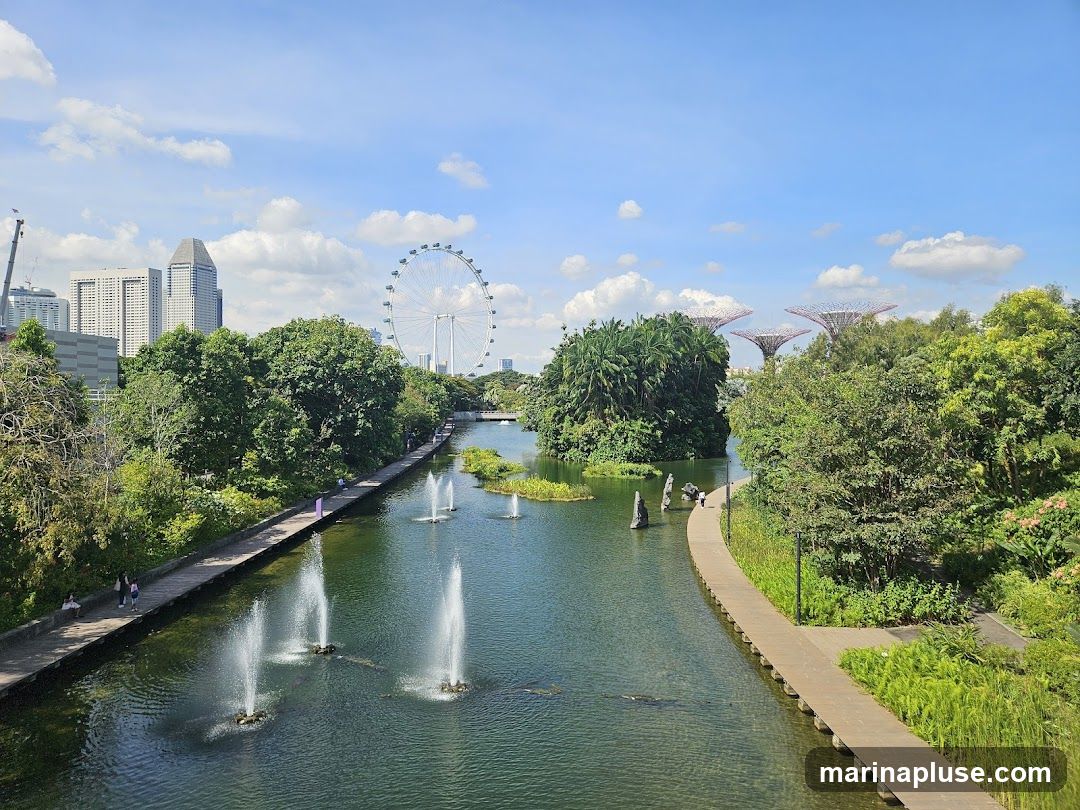 A scenic view of Gardens by the Bay in Singapore, featuring a tranquil body of water with fountains, lush greenery, and iconic Supertree Grove structures in the background. A Ferris wheel and city skyline are visible on the horizon under a bright blue sky with scattered clouds.
