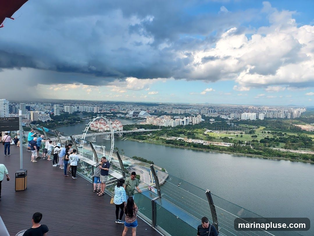 A panoramic view from an observation deck overlooking a city and a river. People are gathered on the deck, looking out at the cityscape. In the distance, a Ferris wheel and various buildings are visible. The sky is partly cloudy with a storm approaching from the left.