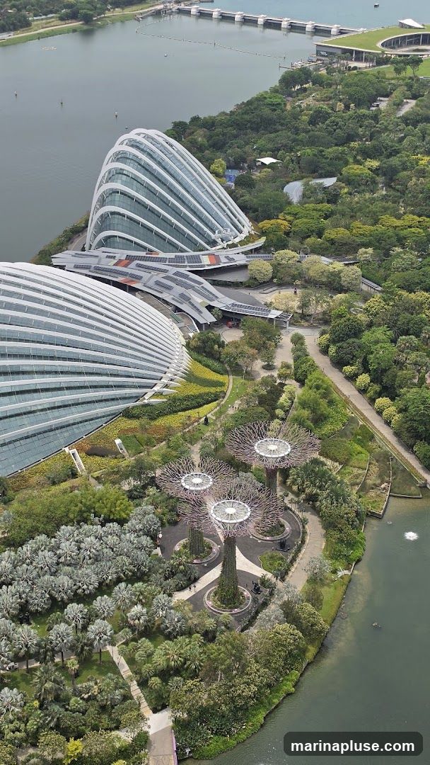 An aerial view of Gardens by the Bay in Singapore, showcasing the iconic Supertree Grove and the large conservatories. The image captures the lush greenery, pathways, and the waterfront, with a dam structure visible in the background.