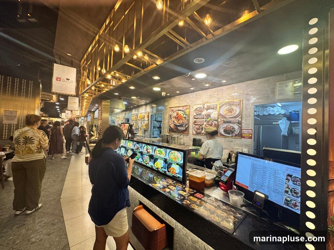 A busy food stall counter with a display of various dishes and a menu board. Customers are queuing to order.