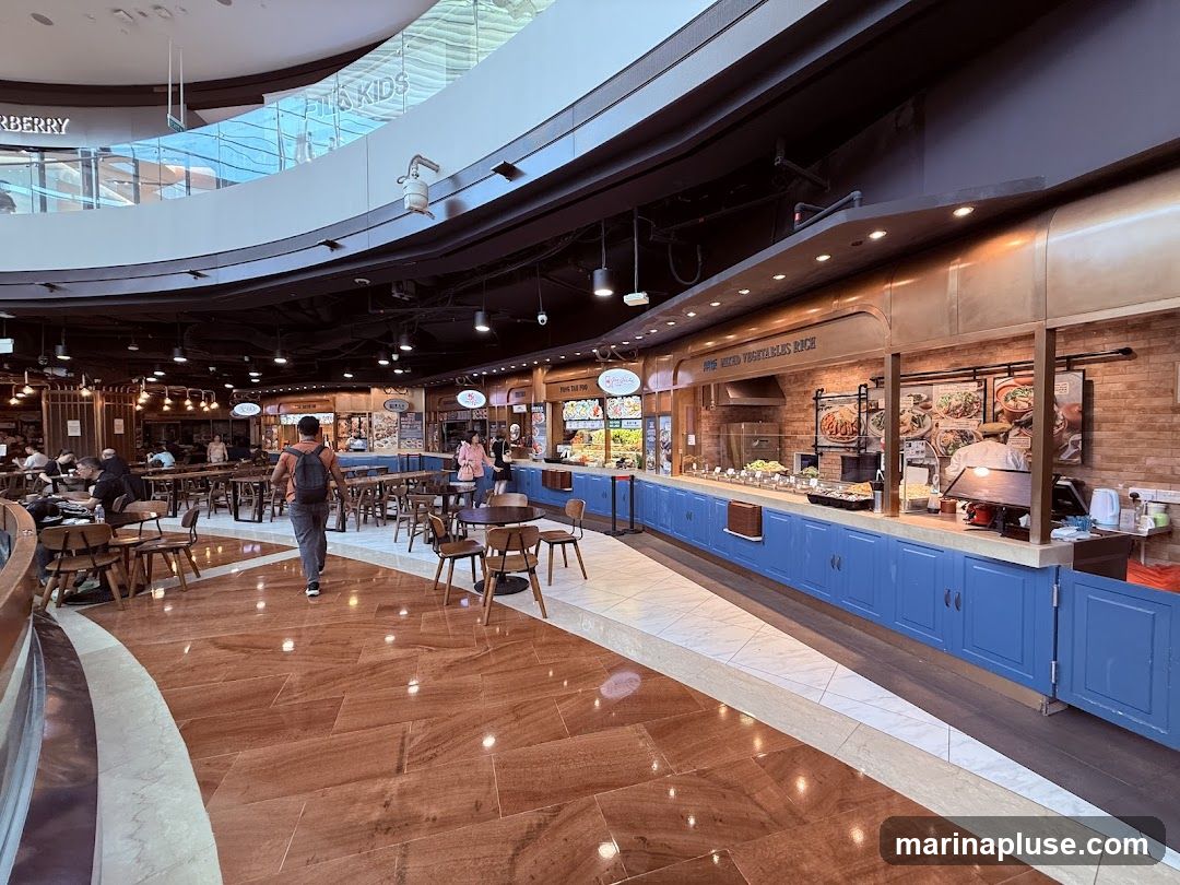 A bustling food court with various food stalls and seating areas. In the foreground, a person walks away from the camera. The stalls feature brick walls and blue cabinetry, with food displayed behind glass. Signs above the stalls indicate different food options. In the background, there are more seating areas and shops on upper levels.