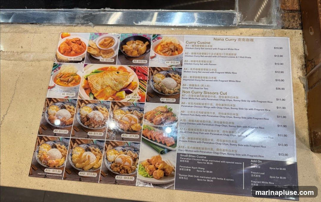 A menu featuring various curry dishes and small bites, with options for add-ons.