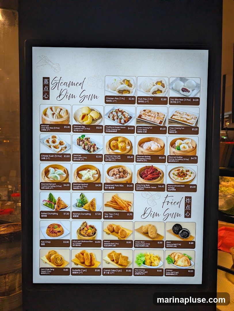 A menu displaying various steamed and fried dim sum items with prices.