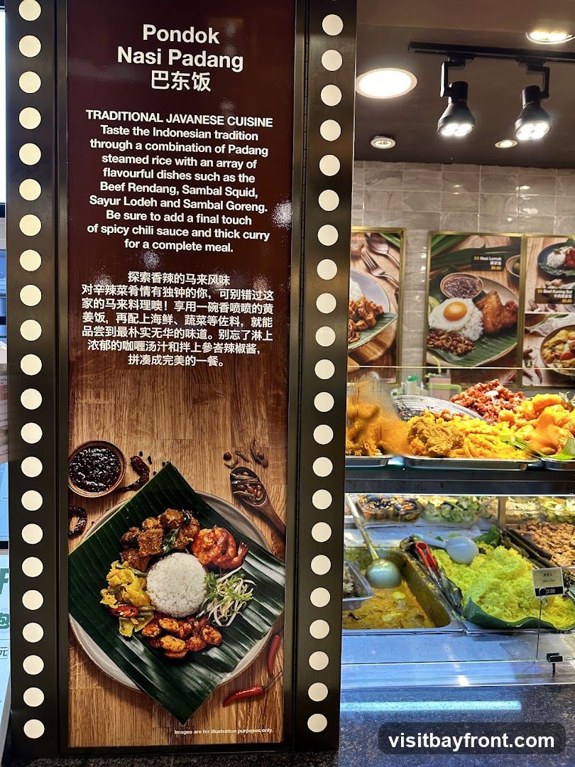 A sign describing traditional Javanese cuisine, specifically Nasi Padang. It details the components of the dish, including steamed rice and various flavorful side dishes like Beef Rendang, Sambal Squid, Sayur Lodeh, and Sambal Goreng. The sign also includes a description in Chinese and an image of a Nasi Padang meal. In the background, a display case shows various food items, including yellow rice with a price tag of $2.00.